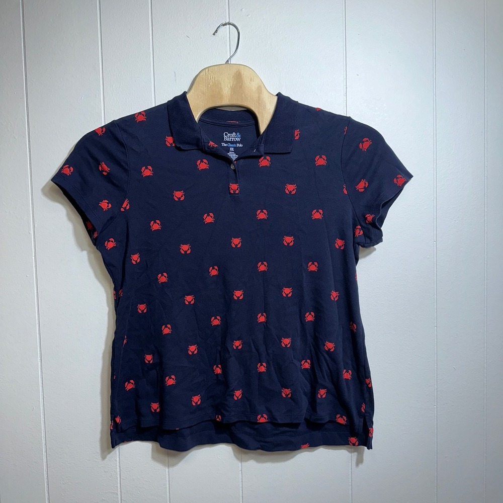 Croft & Barrow Womens XXL Navy Blue Red Crab Print Short Sleeve Polo Shirt
